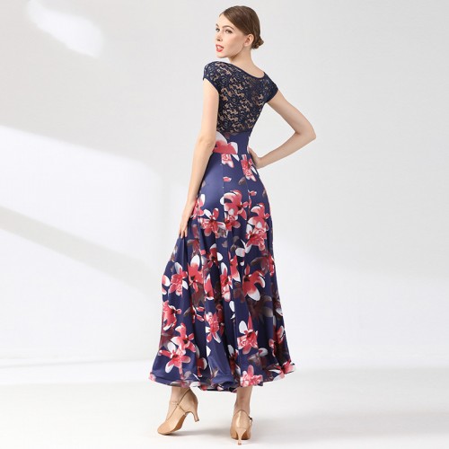 Women girls turquoise navy red floral printed lace ballroom dance dresses stage performance foxtrot smooth tango waltz dance long dress for lady